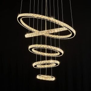 Modern Crystal Chandeliers for High Ceilings, 5 Rings Led Chandelier Pendant Light Fixture 3 Colors Adjustable, Gold Chandelier for Foyer Dining Room Bedroom Living Room Staircase, D8"-12"-16"-20"-24"