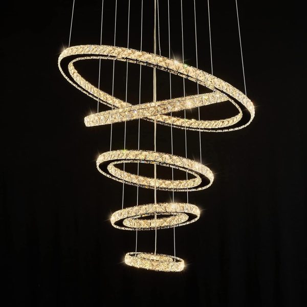 Modern Crystal Chandeliers for High Ceilings, 5 Rings Led Chandelier Pendant Light Fixture 3 Colors Adjustable, Gold Chandelier for Foyer Dining Room Bedroom Living Room Staircase, D8"-12"-16"-20"-24"