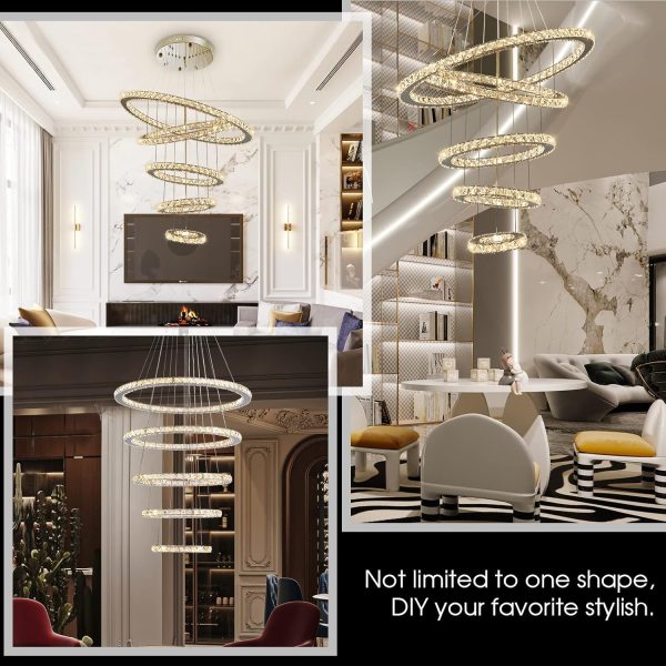Modern Crystal Chandeliers for High Ceilings, 5 Rings Led Chandelier Pendant Light Fixture 3 Colors Adjustable, Gold Chandelier for Foyer Dining Room Bedroom Living Room Staircase, D8"-12"-16"-20"-24" - Image 2