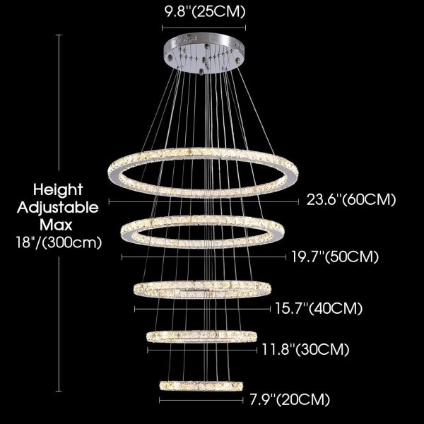 Modern Crystal Chandeliers for High Ceilings, 5 Rings Led Chandelier Pendant Light Fixture 3 Colors Adjustable, Gold Chandelier for Foyer Dining Room Bedroom Living Room Staircase, D8"-12"-16"-20"-24" - Image 3