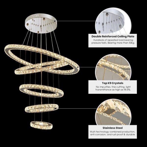 Modern Crystal Chandeliers for High Ceilings, 5 Rings Led Chandelier Pendant Light Fixture 3 Colors Adjustable, Gold Chandelier for Foyer Dining Room Bedroom Living Room Staircase, D8"-12"-16"-20"-24" - Image 4