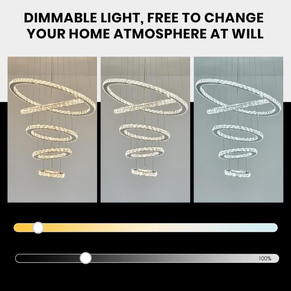 Modern Crystal Chandeliers for High Ceilings, 5 Rings Led Chandelier Pendant Light Fixture 3 Colors Adjustable, Gold Chandelier for Foyer Dining Room Bedroom Living Room Staircase, D8"-12"-16"-20"-24" - Image 5