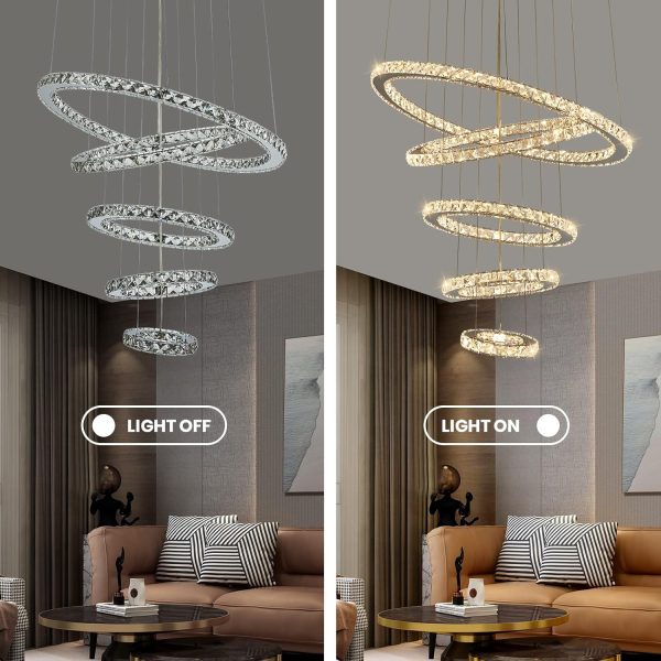 Modern Crystal Chandeliers for High Ceilings, 5 Rings Led Chandelier Pendant Light Fixture 3 Colors Adjustable, Gold Chandelier for Foyer Dining Room Bedroom Living Room Staircase, D8"-12"-16"-20"-24" - Image 6