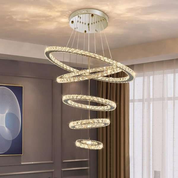 Modern Crystal Chandeliers for High Ceilings, 5 Rings Led Chandelier Pendant Light Fixture 3 Colors Adjustable, Gold Chandelier for Foyer Dining Room Bedroom Living Room Staircase, D8"-12"-16"-20"-24" - Image 7