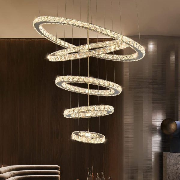 Modern Crystal Chandeliers for High Ceilings, 5 Rings Led Chandelier Pendant Light Fixture 3 Colors Adjustable, Gold Chandelier for Foyer Dining Room Bedroom Living Room Staircase, D8"-12"-16"-20"-24" - Image 8