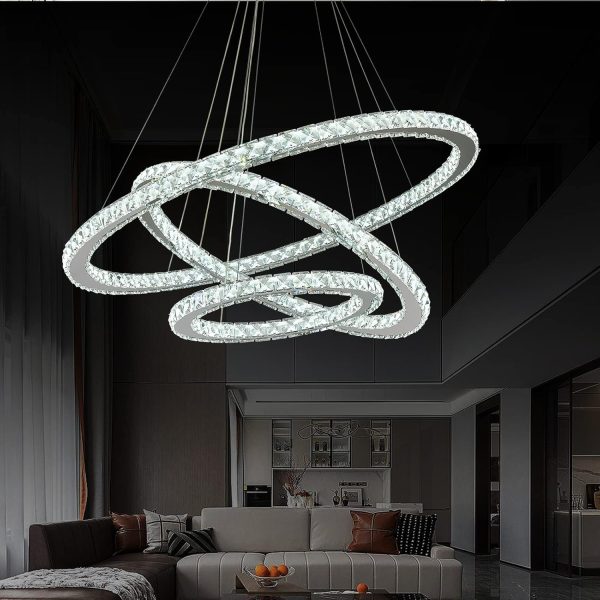 Modern Crystal Chandeliers for High Ceilings, 5 Rings Led Chandelier Pendant Light Fixture 3 Colors Adjustable, Gold Chandelier for Foyer Dining Room Bedroom Living Room Staircase, D8"-12"-16"-20"-24" - Image 10