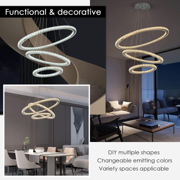 Modern Crystal Chandeliers for High Ceilings, 5 Rings Led Chandelier Pendant Light Fixture 3 Colors Adjustable, Gold Chandelier for Foyer Dining Room Bedroom Living Room Staircase, D8"-12"-16"-20"-24" - Image 11