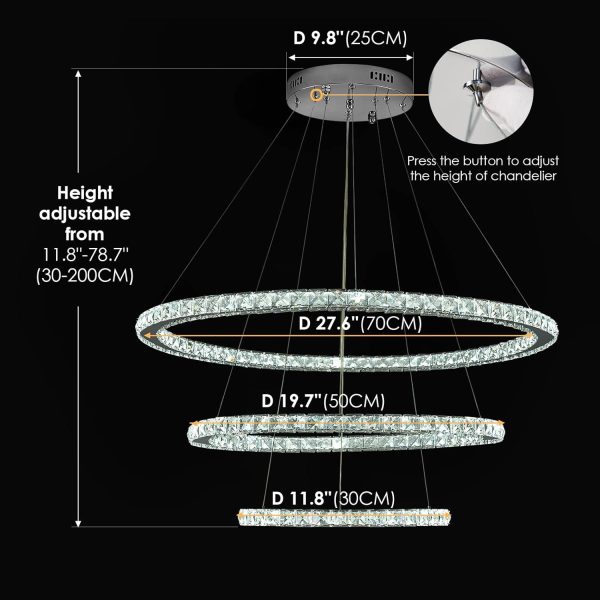 Modern Crystal Chandeliers for High Ceilings, 5 Rings Led Chandelier Pendant Light Fixture 3 Colors Adjustable, Gold Chandelier for Foyer Dining Room Bedroom Living Room Staircase, D8"-12"-16"-20"-24" - Image 12