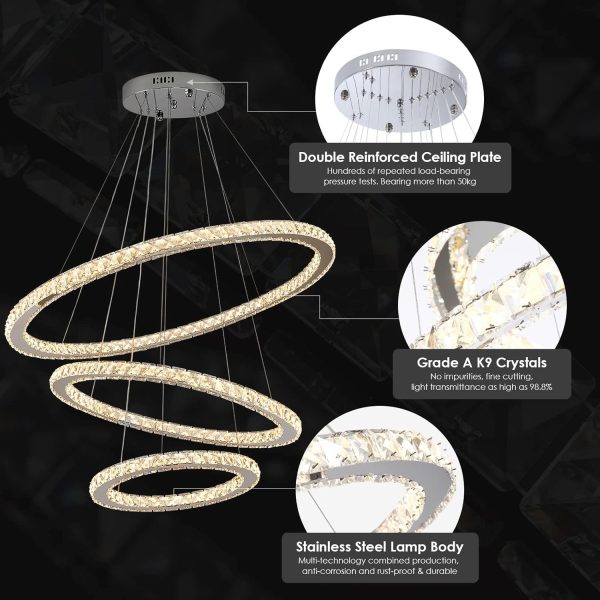 Modern Crystal Chandeliers for High Ceilings, 5 Rings Led Chandelier Pendant Light Fixture 3 Colors Adjustable, Gold Chandelier for Foyer Dining Room Bedroom Living Room Staircase, D8"-12"-16"-20"-24" - Image 14