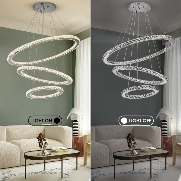 Modern Crystal Chandeliers for High Ceilings, 5 Rings Led Chandelier Pendant Light Fixture 3 Colors Adjustable, Gold Chandelier for Foyer Dining Room Bedroom Living Room Staircase, D8"-12"-16"-20"-24" - Image 15