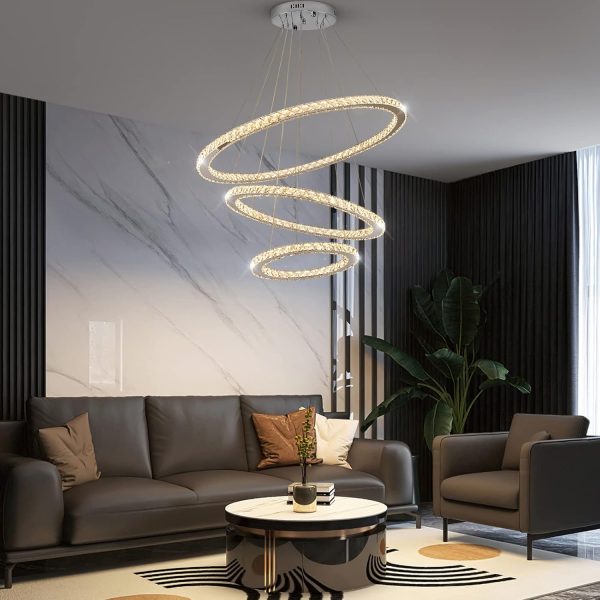 Modern Crystal Chandeliers for High Ceilings, 5 Rings Led Chandelier Pendant Light Fixture 3 Colors Adjustable, Gold Chandelier for Foyer Dining Room Bedroom Living Room Staircase, D8"-12"-16"-20"-24" - Image 17