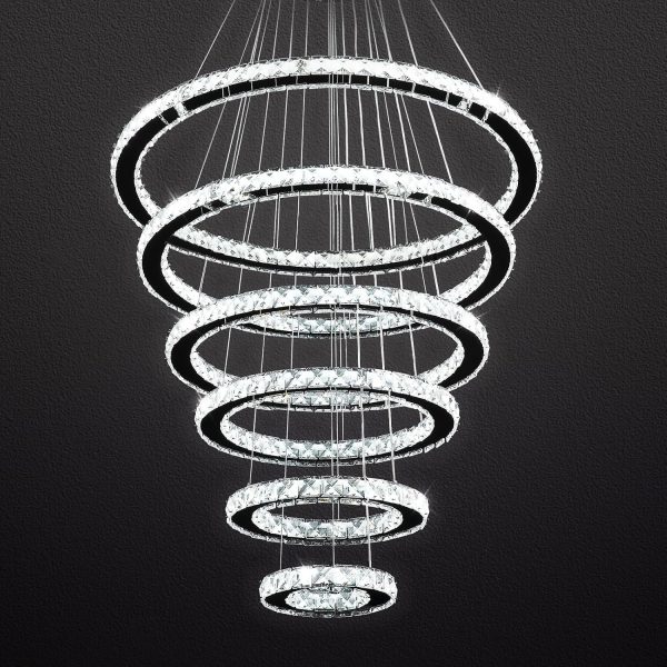 Modern Crystal Chandeliers for High Ceilings, 5 Rings Led Chandelier Pendant Light Fixture 3 Colors Adjustable, Gold Chandelier for Foyer Dining Room Bedroom Living Room Staircase, D8"-12"-16"-20"-24" - Image 19