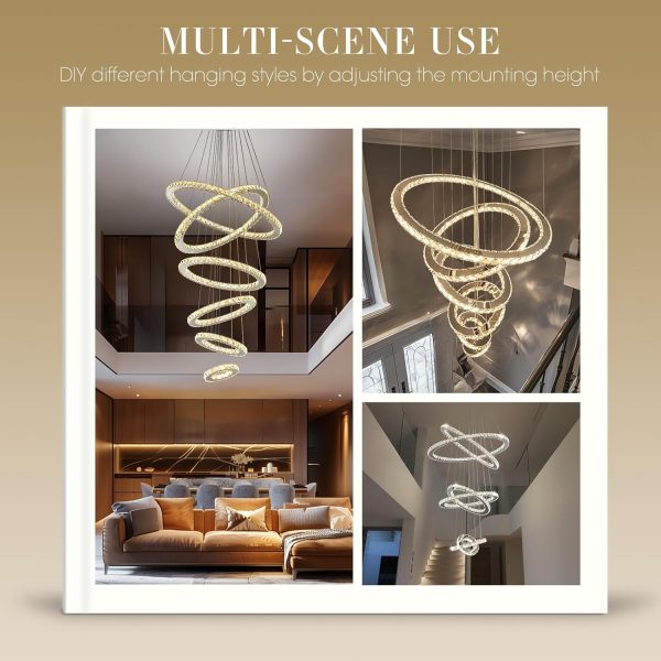 Modern Crystal Chandeliers for High Ceilings, 5 Rings Led Chandelier Pendant Light Fixture 3 Colors Adjustable, Gold Chandelier for Foyer Dining Room Bedroom Living Room Staircase, D8"-12"-16"-20"-24" - Image 20