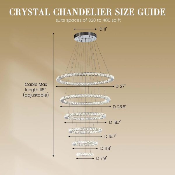 Modern Crystal Chandeliers for High Ceilings, 5 Rings Led Chandelier Pendant Light Fixture 3 Colors Adjustable, Gold Chandelier for Foyer Dining Room Bedroom Living Room Staircase, D8"-12"-16"-20"-24" - Image 21