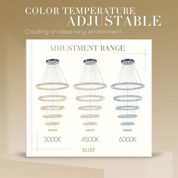 Modern Crystal Chandeliers for High Ceilings, 5 Rings Led Chandelier Pendant Light Fixture 3 Colors Adjustable, Gold Chandelier for Foyer Dining Room Bedroom Living Room Staircase, D8"-12"-16"-20"-24" - Image 23