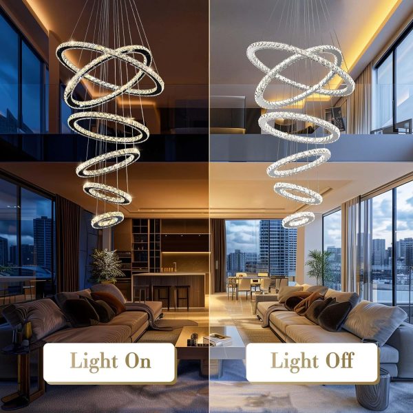 Modern Crystal Chandeliers for High Ceilings, 5 Rings Led Chandelier Pendant Light Fixture 3 Colors Adjustable, Gold Chandelier for Foyer Dining Room Bedroom Living Room Staircase, D8"-12"-16"-20"-24" - Image 24