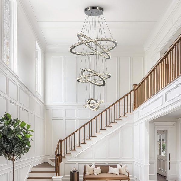 Modern Crystal Chandeliers for High Ceilings, 5 Rings Led Chandelier Pendant Light Fixture 3 Colors Adjustable, Gold Chandelier for Foyer Dining Room Bedroom Living Room Staircase, D8"-12"-16"-20"-24" - Image 25