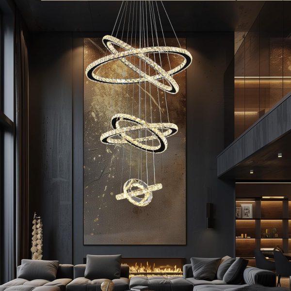 Modern Crystal Chandeliers for High Ceilings, 5 Rings Led Chandelier Pendant Light Fixture 3 Colors Adjustable, Gold Chandelier for Foyer Dining Room Bedroom Living Room Staircase, D8"-12"-16"-20"-24" - Image 26