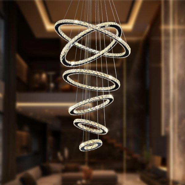 Modern Crystal Chandeliers for High Ceilings, 5 Rings Led Chandelier Pendant Light Fixture 3 Colors Adjustable, Gold Chandelier for Foyer Dining Room Bedroom Living Room Staircase, D8"-12"-16"-20"-24" - Image 27