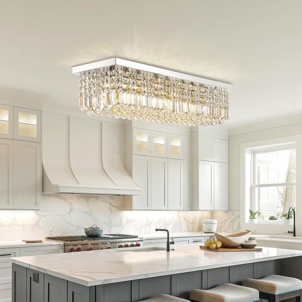 Siljoy Modern Crystal Chandelier 10-Lights Rectangular Flush Mount Pendant Ceiling Light Fixture Rectangle K9 Crystal Raindrop Chandelier for Dining Living Room Kitchen Island L47'' x W10'' x H10' - Image 2