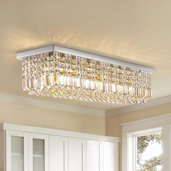 Siljoy Modern Crystal Chandelier 10-Lights Rectangular Flush Mount Pendant Ceiling Light Fixture Rectangle K9 Crystal Raindrop Chandelier for Dining Living Room Kitchen Island L47'' x W10'' x H10' - Image 3
