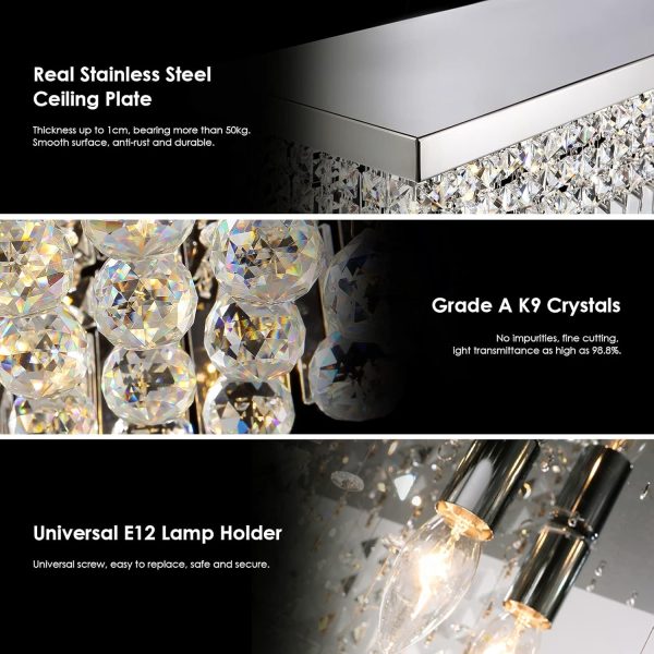 Siljoy Modern Crystal Chandelier 10-Lights Rectangular Flush Mount Pendant Ceiling Light Fixture Rectangle K9 Crystal Raindrop Chandelier for Dining Living Room Kitchen Island L47'' x W10'' x H10' - Image 6