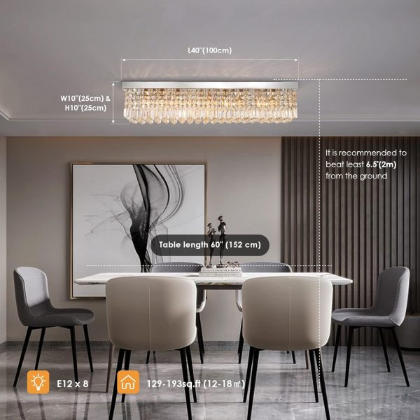 Siljoy Modern Crystal Chandelier 10-Lights Rectangular Flush Mount Pendant Ceiling Light Fixture Rectangle K9 Crystal Raindrop Chandelier for Dining Living Room Kitchen Island L47'' x W10'' x H10' - Image 8