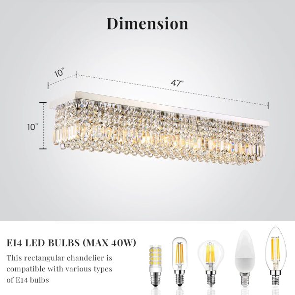 Siljoy Modern Crystal Chandelier 10-Lights Rectangular Flush Mount Pendant Ceiling Light Fixture Rectangle K9 Crystal Raindrop Chandelier for Dining Living Room Kitchen Island L47'' x W10'' x H10' - Image 11