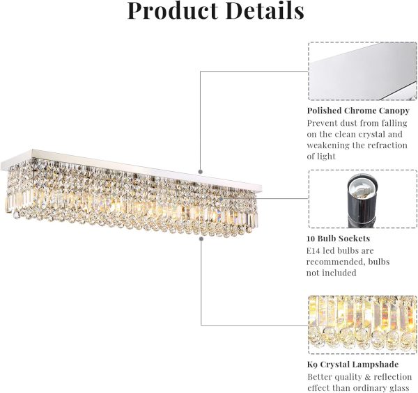 Siljoy Modern Crystal Chandelier 10-Lights Rectangular Flush Mount Pendant Ceiling Light Fixture Rectangle K9 Crystal Raindrop Chandelier for Dining Living Room Kitchen Island L47'' x W10'' x H10' - Image 12