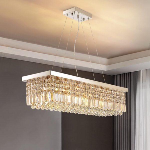 Siljoy Modern Crystal Chandelier 10-Lights Rectangular Flush Mount Pendant Ceiling Light Fixture Rectangle K9 Crystal Raindrop Chandelier for Dining Living Room Kitchen Island L47'' x W10'' x H10' - Image 24