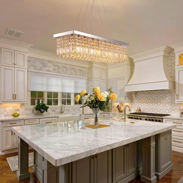 Siljoy Modern Crystal Chandelier 10-Lights Rectangular Flush Mount Pendant Ceiling Light Fixture Rectangle K9 Crystal Raindrop Chandelier for Dining Living Room Kitchen Island L47'' x W10'' x H10' - Image 25