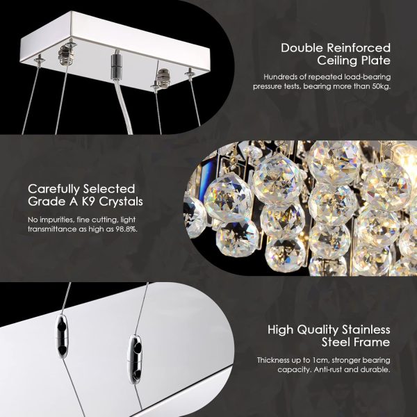 Siljoy Modern Crystal Chandelier 10-Lights Rectangular Flush Mount Pendant Ceiling Light Fixture Rectangle K9 Crystal Raindrop Chandelier for Dining Living Room Kitchen Island L47'' x W10'' x H10' - Image 26