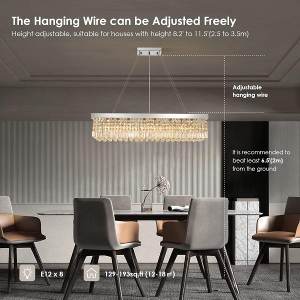 Siljoy Modern Crystal Chandelier 10-Lights Rectangular Flush Mount Pendant Ceiling Light Fixture Rectangle K9 Crystal Raindrop Chandelier for Dining Living Room Kitchen Island L47'' x W10'' x H10' - Image 27