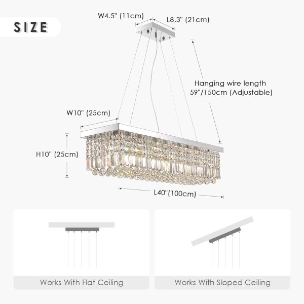 Siljoy Modern Crystal Chandelier 10-Lights Rectangular Flush Mount Pendant Ceiling Light Fixture Rectangle K9 Crystal Raindrop Chandelier for Dining Living Room Kitchen Island L47'' x W10'' x H10' - Image 28