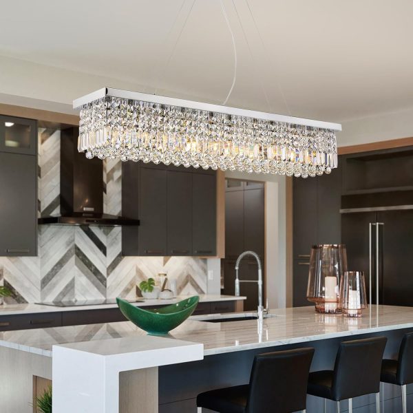 Siljoy Modern Crystal Chandelier 10-Lights Rectangular Flush Mount Pendant Ceiling Light Fixture Rectangle K9 Crystal Raindrop Chandelier for Dining Living Room Kitchen Island L47'' x W10'' x H10' - Image 36