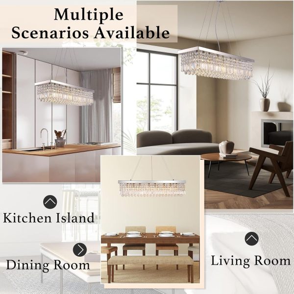 Siljoy Modern Crystal Chandelier 10-Lights Rectangular Flush Mount Pendant Ceiling Light Fixture Rectangle K9 Crystal Raindrop Chandelier for Dining Living Room Kitchen Island L47'' x W10'' x H10' - Image 37