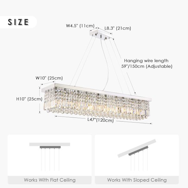 Siljoy Modern Crystal Chandelier 10-Lights Rectangular Flush Mount Pendant Ceiling Light Fixture Rectangle K9 Crystal Raindrop Chandelier for Dining Living Room Kitchen Island L47'' x W10'' x H10' - Image 38