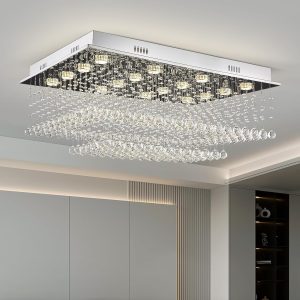 Siljoy Modern Square Crystal Chandelier, Large Flush Mount Ceiling Light Fixture with K9 Raindrop Lights Crystals, Rectangular Chandeliers for Living Room Dining Room, L36'' x W24'' x H14