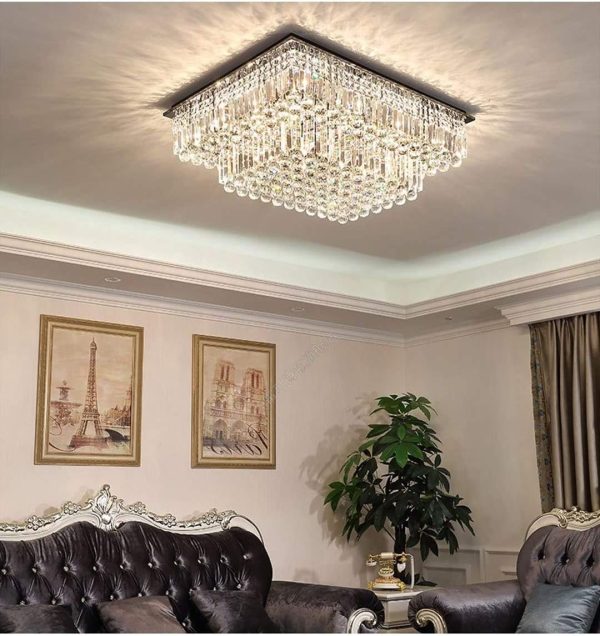 Siljoy Large Crystal Chandelier Modern Rectangular Raindrop Gold Chandeliers K9 2-Tier Chandelier Light Fixtures Luxury Chandeliers for High Ceiling Foyer Living Room Bedroom L35.4 x W27.6 x H14 - Image 2