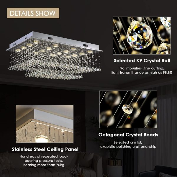 Siljoy Large Crystal Chandelier Modern Rectangular Raindrop Gold Chandeliers K9 2-Tier Chandelier Light Fixtures Luxury Chandeliers for High Ceiling Foyer Living Room Bedroom L35.4 x W27.6 x H14 - Image 9