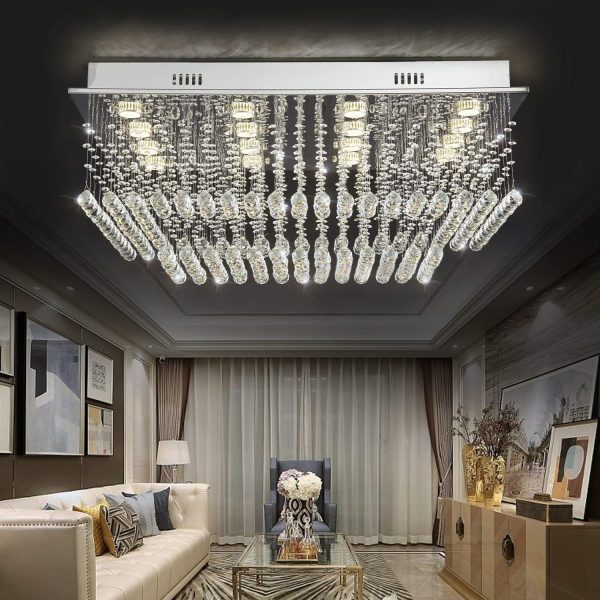 Siljoy Large Crystal Chandelier Modern Rectangular Raindrop Gold Chandeliers K9 2-Tier Chandelier Light Fixtures Luxury Chandeliers for High Ceiling Foyer Living Room Bedroom L35.4 x W27.6 x H14 - Image 14