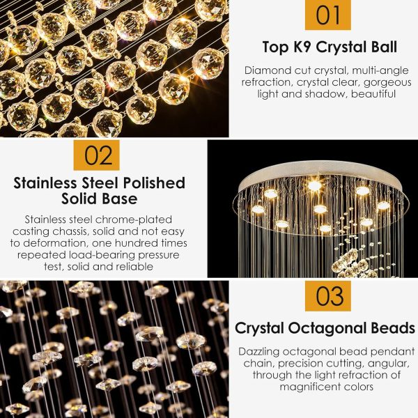 Siljoy Modern Spiral Staircase Chandelier Large Rain Drop Crystal Flush Mount Ceiling Light Fixture 10-Lights W32 X H100 - Image 3