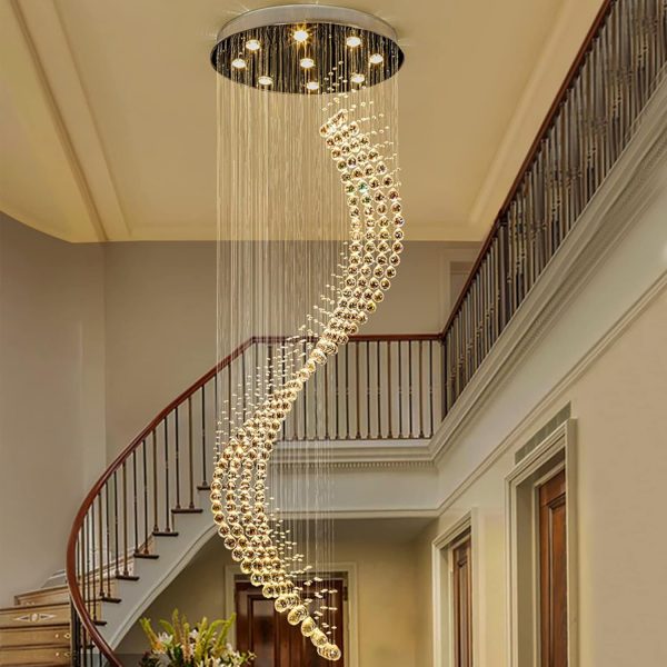 Siljoy Modern Spiral Staircase Chandelier Large Rain Drop Crystal Flush Mount Ceiling Light Fixture 10-Lights W32 X H100 - Image 7