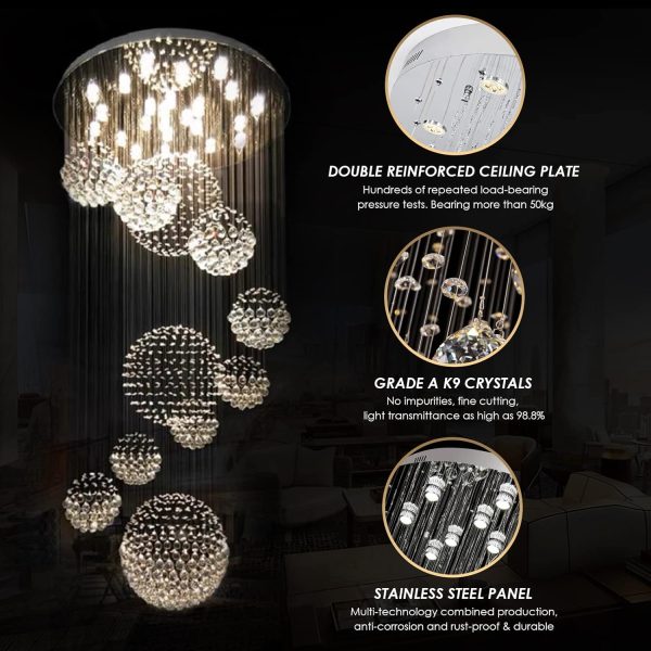 Siljoy Modern Spiral Sphere Raindrop Crystal Chandelier Lighting Large Raindrop Flush Mount Ceiling Lights for Staircase D31.5 x H71 - Image 15