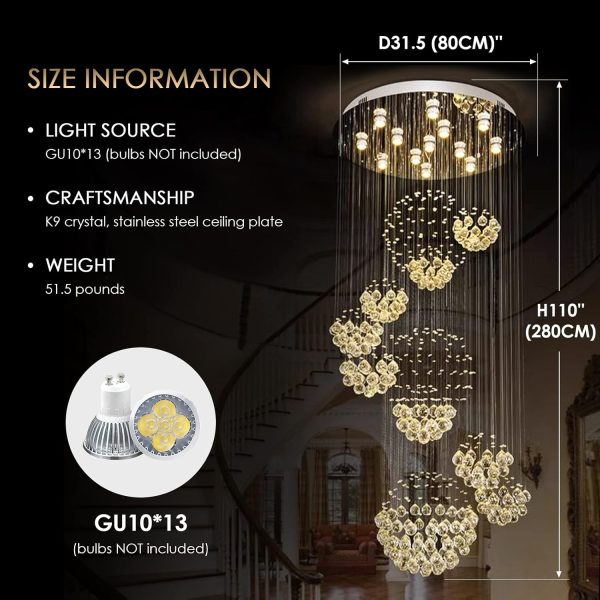 Siljoy Modern Spiral Sphere Raindrop Crystal Chandelier Lighting Large Raindrop Flush Mount Ceiling Lights for Staircase D31.5 x H71 - Image 17
