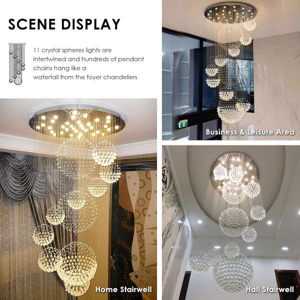 Siljoy Modern Spiral Sphere Raindrop Crystal Chandelier Lighting Large Raindrop Flush Mount Ceiling Lights for Staircase D31.5 x H71 - Image 18