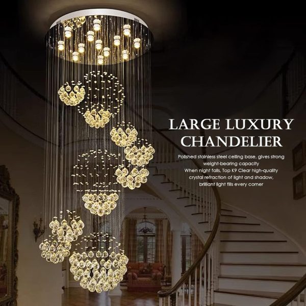 Siljoy Modern Foyer Chandeliers for High Ceiling, Large Staircase Chandelier with Spiral Sphere Design, Raindrop Crystal Chandelier Flush Mount Ceiling Light for Entryway Living Room W31.5 X H110 - Image 14