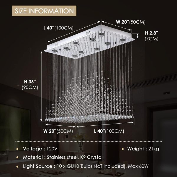 Siljoy Large Chandeliers for High Ceilings, Rectangular Flush Mount Chandeliers Ceiling Light, Modern Crystal Raindrop Chandelier for Kitchen Island Entrance Foyer Staircase L 40" x W 20" x H 36" - Image 6
