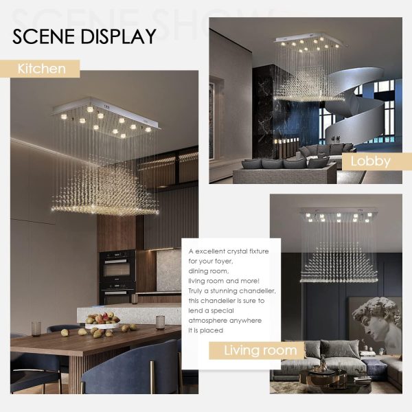 Siljoy Large Chandeliers for High Ceilings, Rectangular Flush Mount Chandeliers Ceiling Light, Modern Crystal Raindrop Chandelier for Kitchen Island Entrance Foyer Staircase L 40" x W 20" x H 36" - Image 8