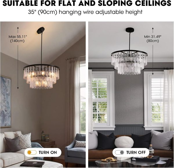 Siljoy Modern Mable Textured Glass Chandelier, 31.49" Large Round Chandelier for Dining Room, 12-Light Creative Pendant Light Fixtures, 3 Tiers Luxury Black Crystal Chandeliers for Kitchen Living Room - Image 2